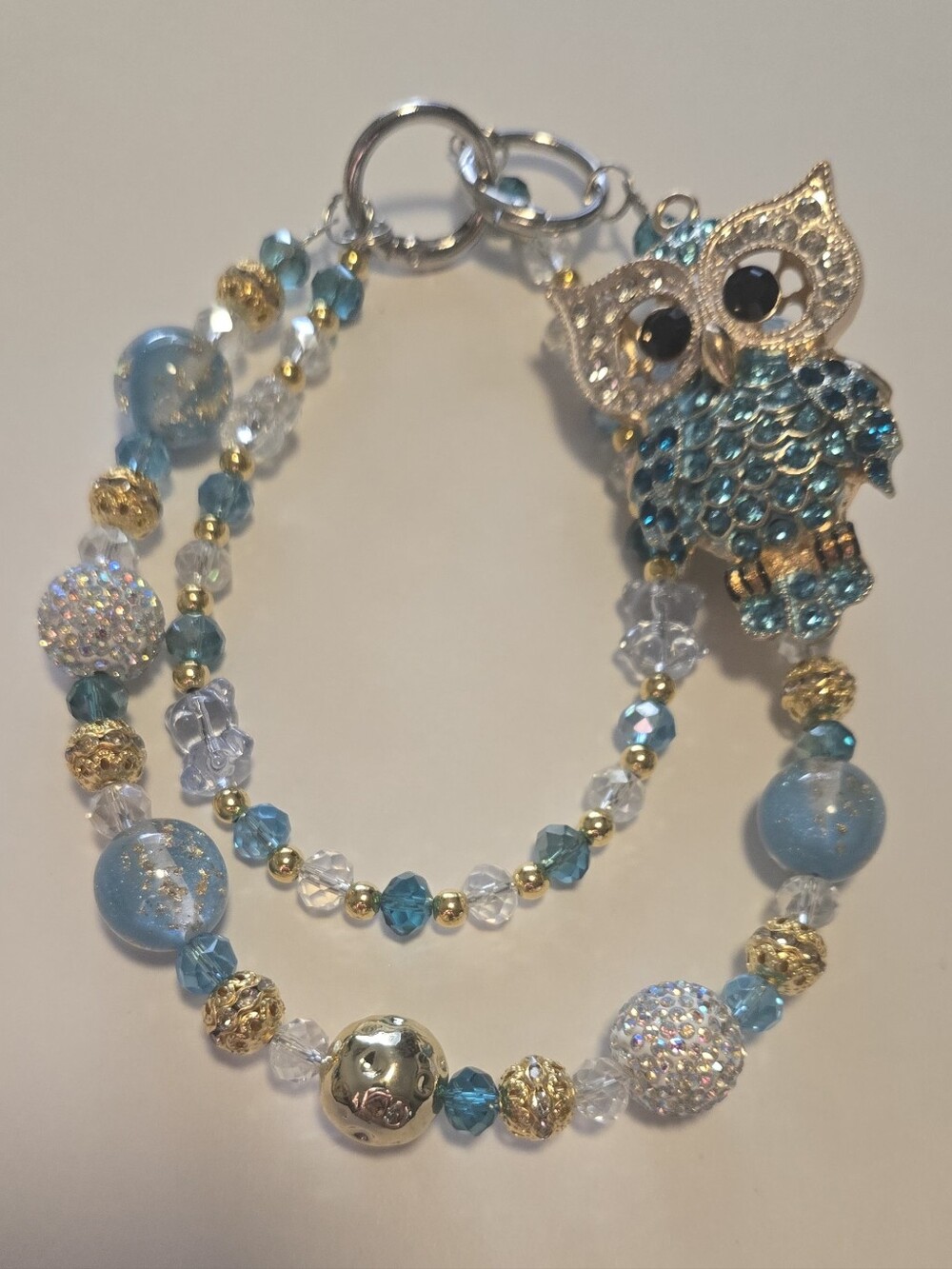 Turquoise Blue Rhinestone Owl Beaded Purse Charm Keychain